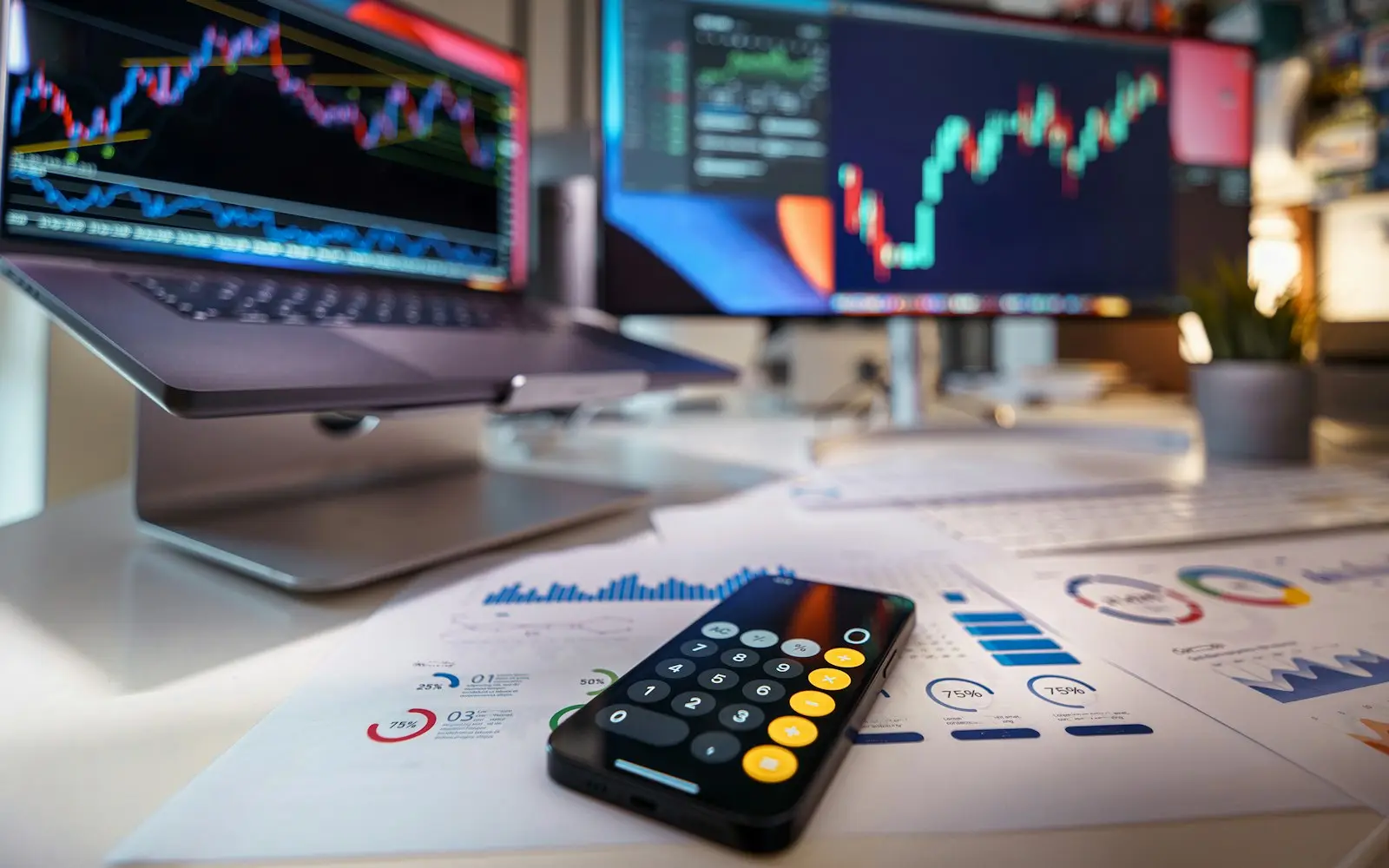 Desk with printed financial charts, a calculator and monitors showing market data